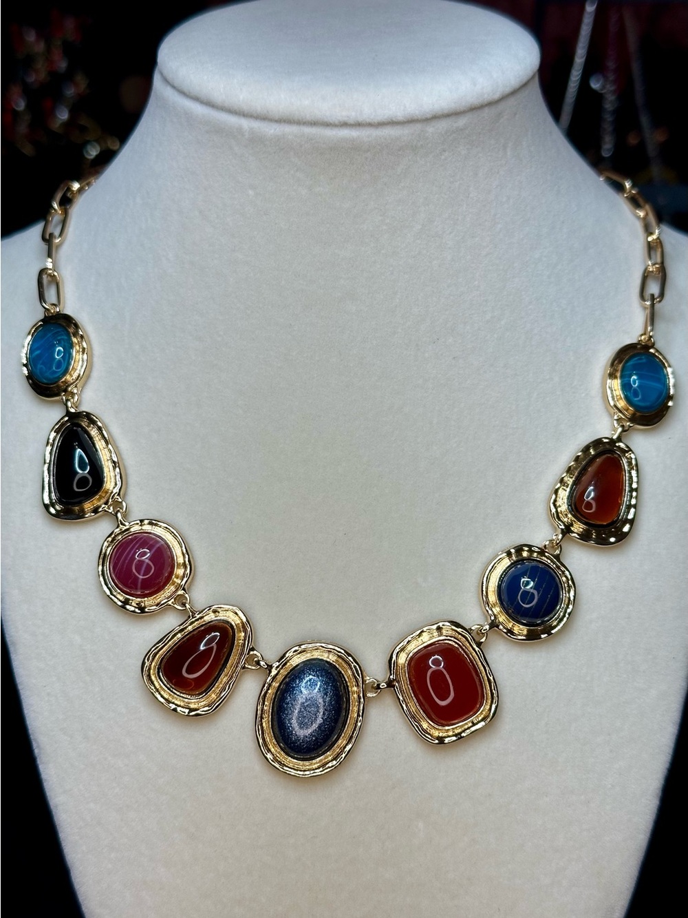 Gold Multicolor Stone Link Necklace - Women's Jewelry